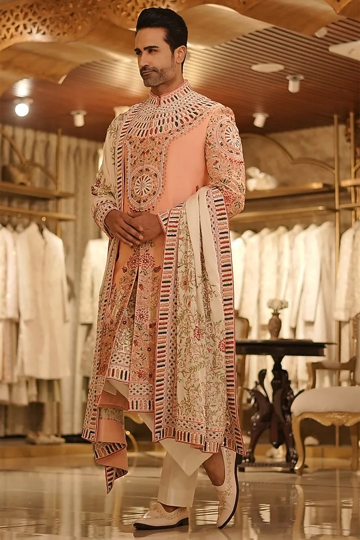 Peach Raw Silk Resham & Dabka Hand Embroidered Groom Sherwani Set by Bharat Reshma at Pernia's Pop Up Shop