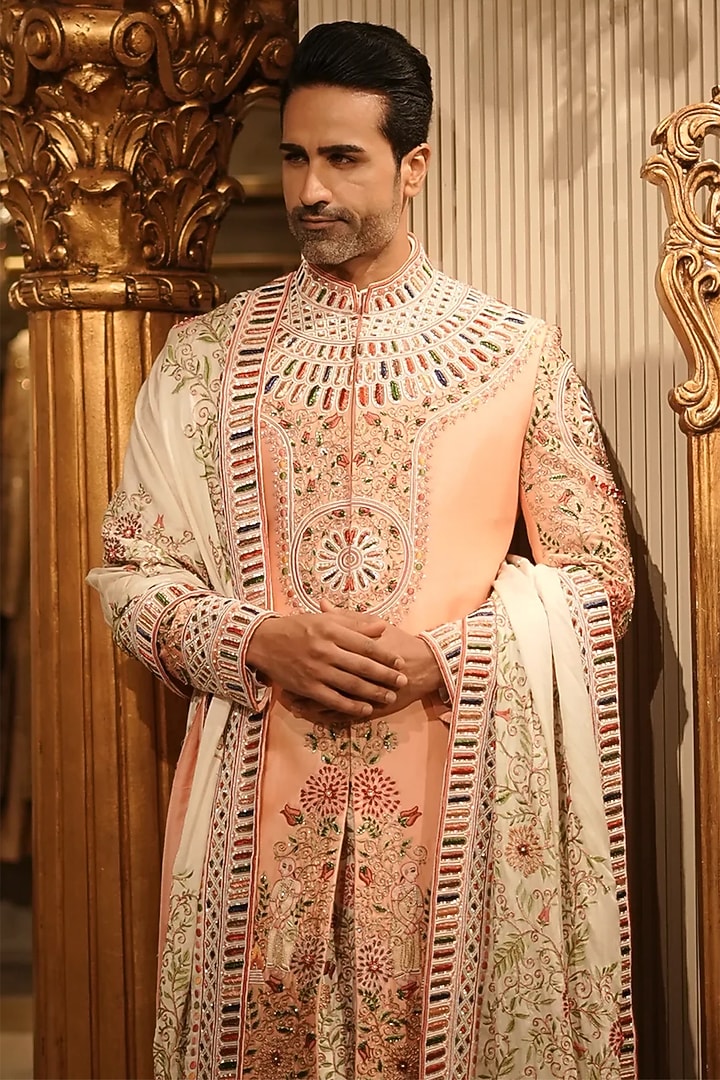 Peach Raw Silk Resham & Dabka Hand Embroidered Groom Sherwani Set by Bharat Reshma at Pernia's Pop Up Shop