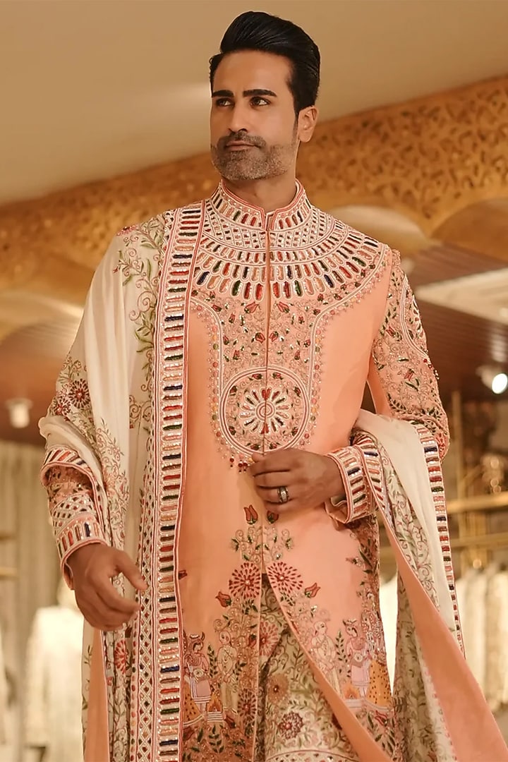Peach Raw Silk Resham & Dabka Hand Embroidered Groom Sherwani Set by Bharat Reshma at Pernia's Pop Up Shop