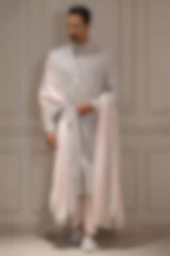 Powder Blue Silk Resham Hand Embroidered Groom Sherwani Set by Bharat Reshma at Pernia's Pop Up Shop