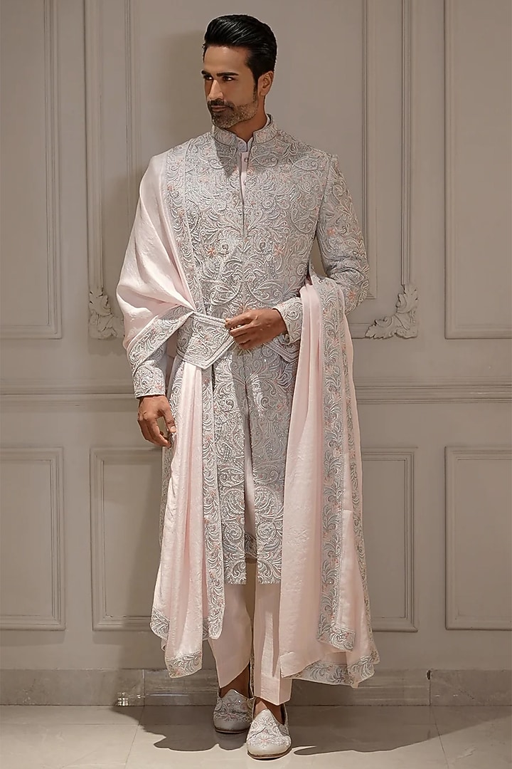 Powder Blue Silk Resham Hand Embroidered Groom Sherwani Set by Bharat Reshma at Pernia's Pop Up Shop