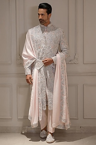 Powder Blue Silk Resham Hand Embroidered Sherwani Set by Bharat Reshma