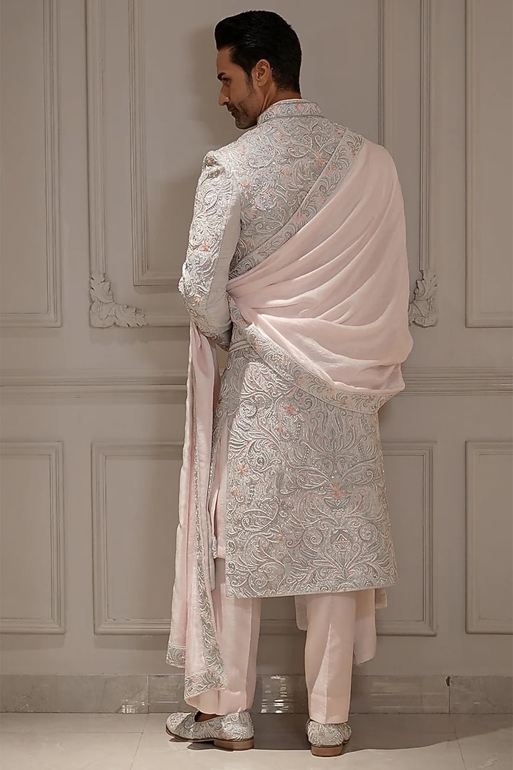 Powder Blue Silk Resham Hand Embroidered Groom Sherwani Set by Bharat Reshma at Pernia's Pop Up Shop