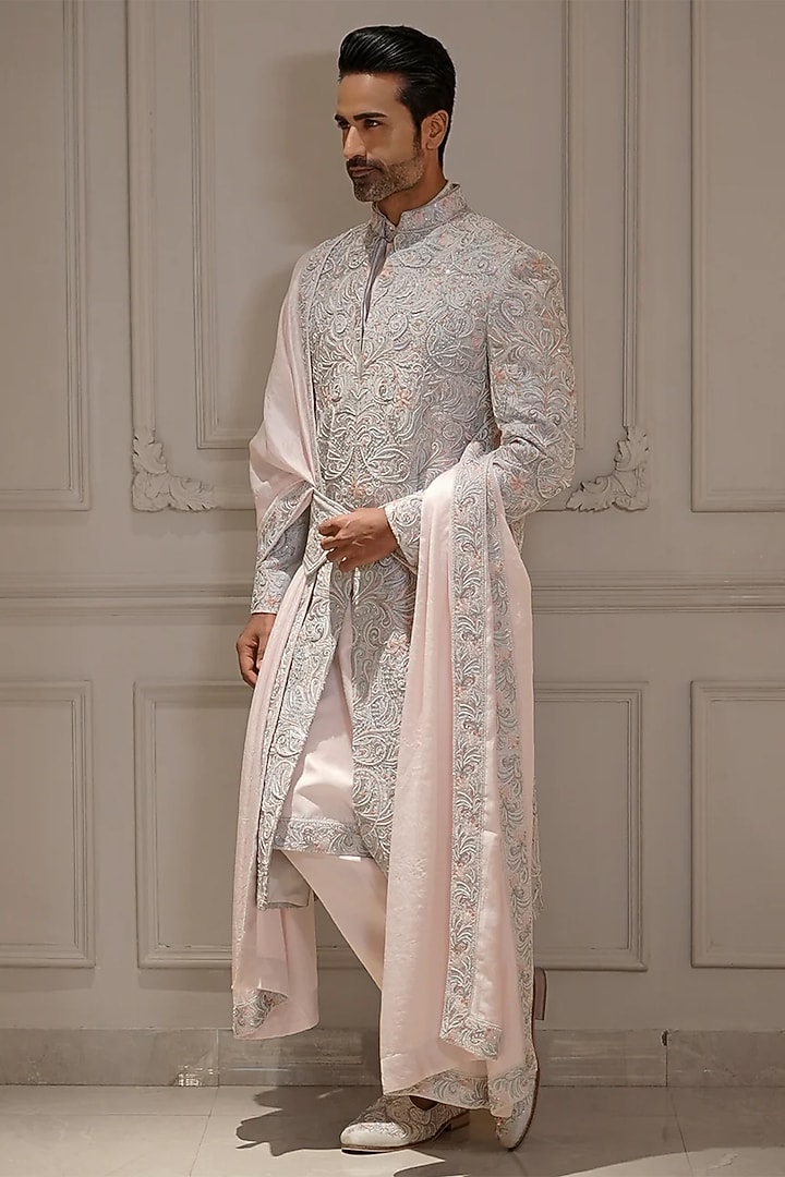 Powder Blue Silk Resham Hand Embroidered Groom Sherwani Set by Bharat Reshma at Pernia's Pop Up Shop