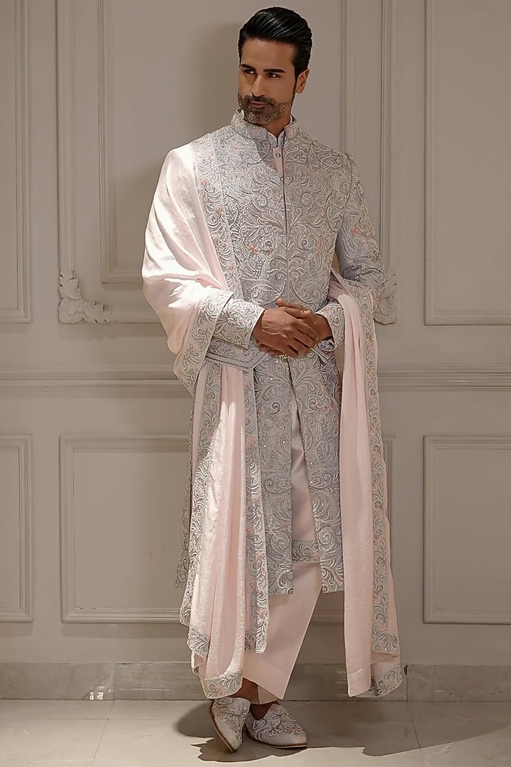 Powder Blue Silk Resham Hand Embroidered Groom Sherwani Set by Bharat Reshma at Pernia's Pop Up Shop