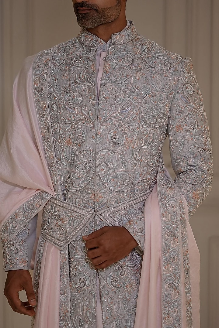 Powder Blue Silk Resham Hand Embroidered Groom Sherwani Set by Bharat Reshma at Pernia's Pop Up Shop
