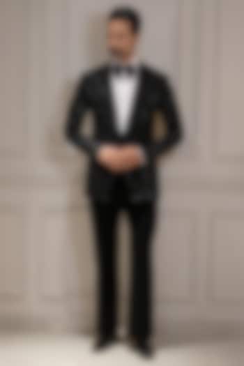 Black Magna Suiting Motif Hand Embroidered Tuxedo Set by Bharat Reshma at Pernia's Pop Up Shop
