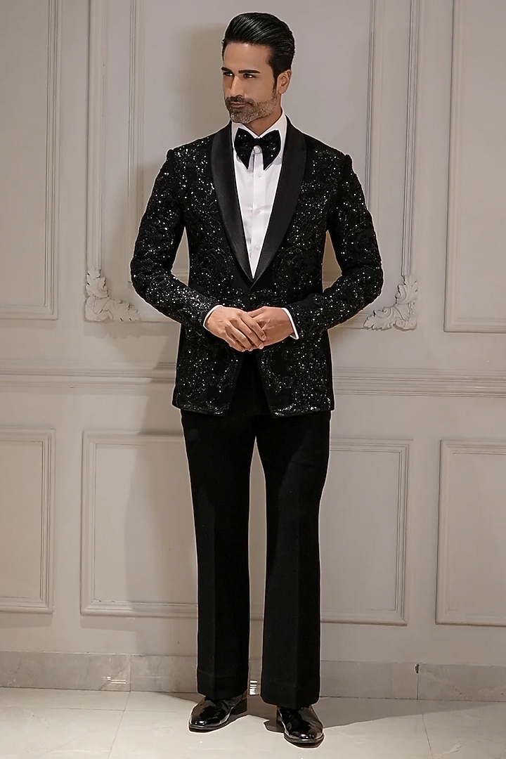 Black Magna Suiting Motif Hand Embroidered Tuxedo Set by Bharat Reshma at Pernia's Pop Up Shop