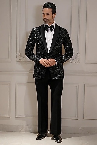 Black Magna Suiting Motif Hand Embroidered Tuxedo Set by Bharat Reshma
