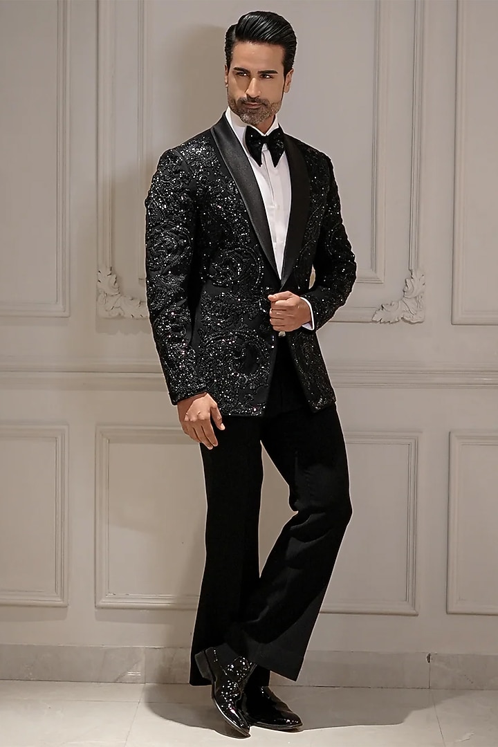 Black Magna Suiting Motif Hand Embroidered Tuxedo Set by Bharat Reshma at Pernia's Pop Up Shop