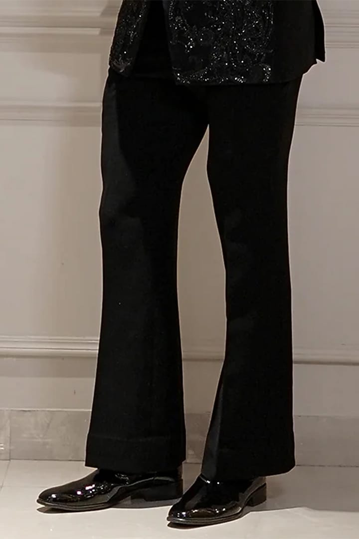 Black Magna Suiting Motif Hand Embroidered Tuxedo Set by Bharat Reshma at Pernia's Pop Up Shop