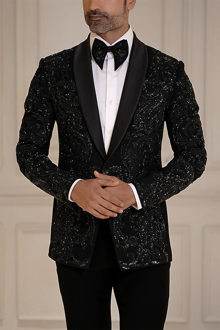 Black Magna Suiting Motif Hand Embroidered Tuxedo Set by Bharat Reshma at Pernia's Pop Up Shop