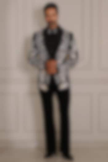 Black Magna Suiting Motif Hand Embroidered Tuxedo Set by Bharat Reshma at Pernia's Pop Up Shop