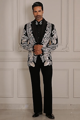 Black Magna Suiting Motif Hand Embroidered Tuxedo Set by Bharat Reshma