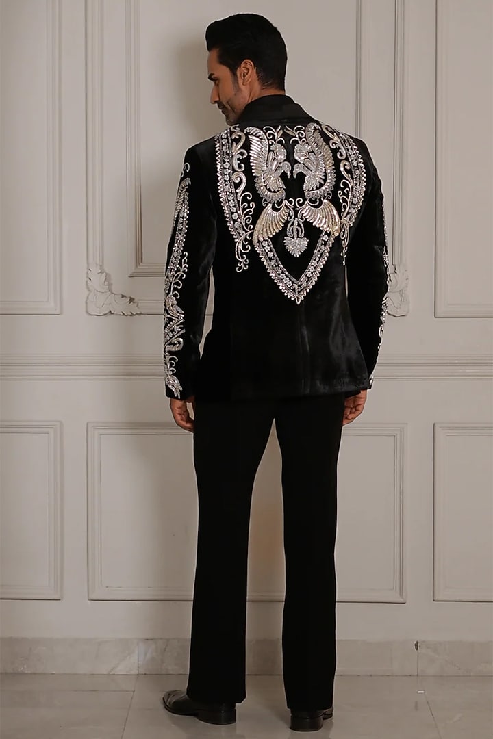 Black Magna Suiting Motif Hand Embroidered Tuxedo Set by Bharat Reshma at Pernia's Pop Up Shop