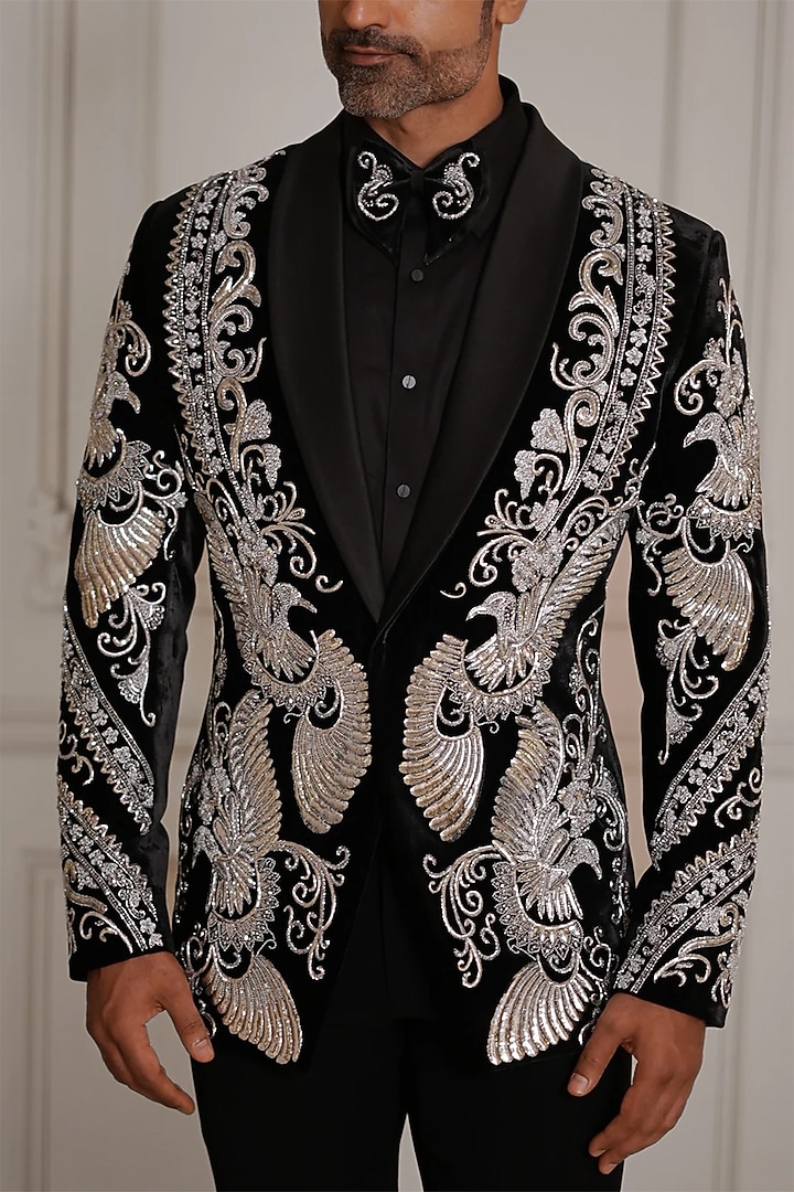 Black Magna Suiting Motif Hand Embroidered Tuxedo Set by Bharat Reshma at Pernia's Pop Up Shop