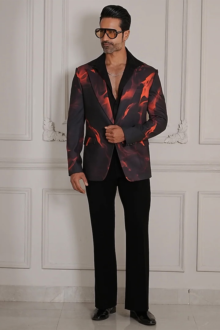 Black Magna Suiting Digital Printed Blazer by Bharat Reshma at Pernia's Pop Up Shop