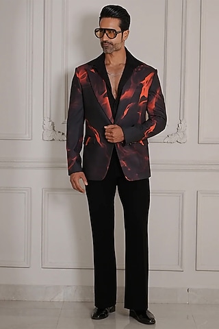 Black Magna Suiting Digital Printed Blazer by Bharat Reshma