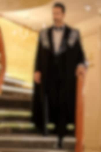 Black Magna Hand Embroidered Long Coat by Bharat Reshma at Pernia's Pop Up Shop