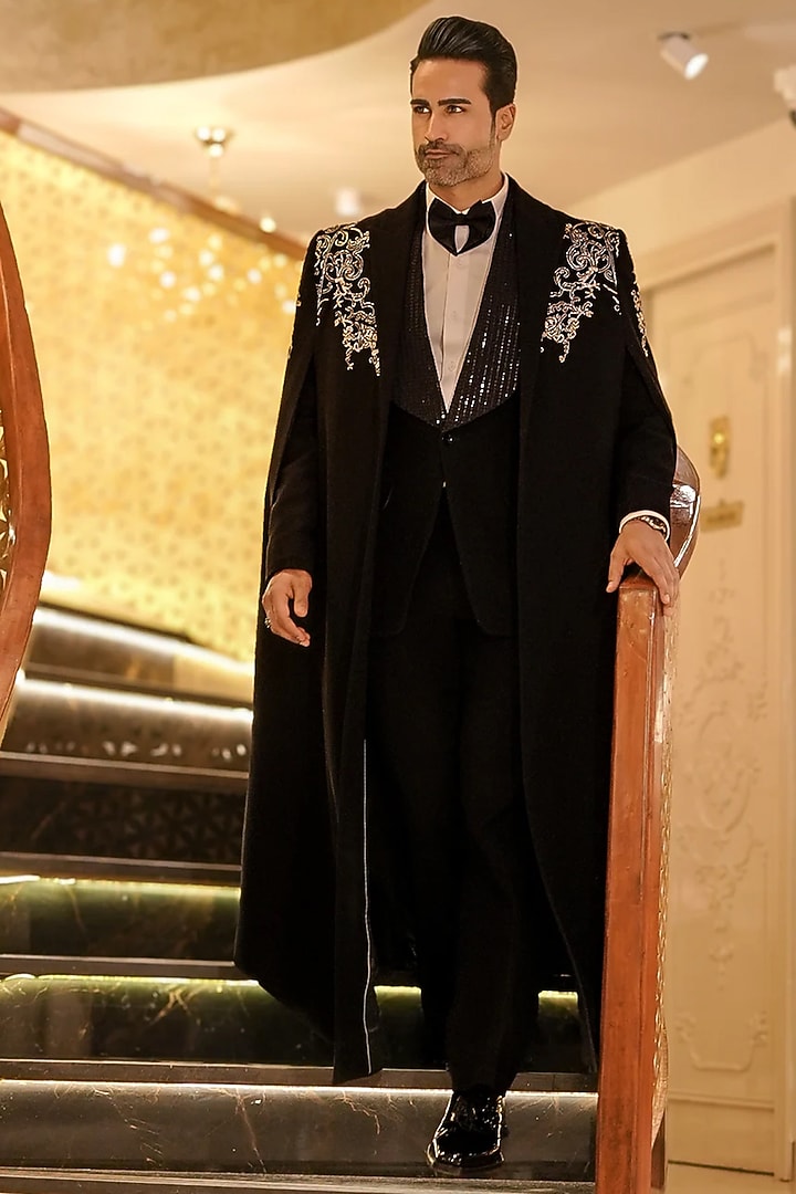 Black Magna Hand Embroidered Long Coat by Bharat Reshma at Pernia's Pop Up Shop