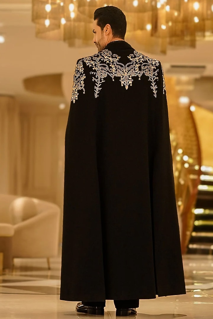 Black Magna Hand Embroidered Long Coat by Bharat Reshma at Pernia's Pop Up Shop