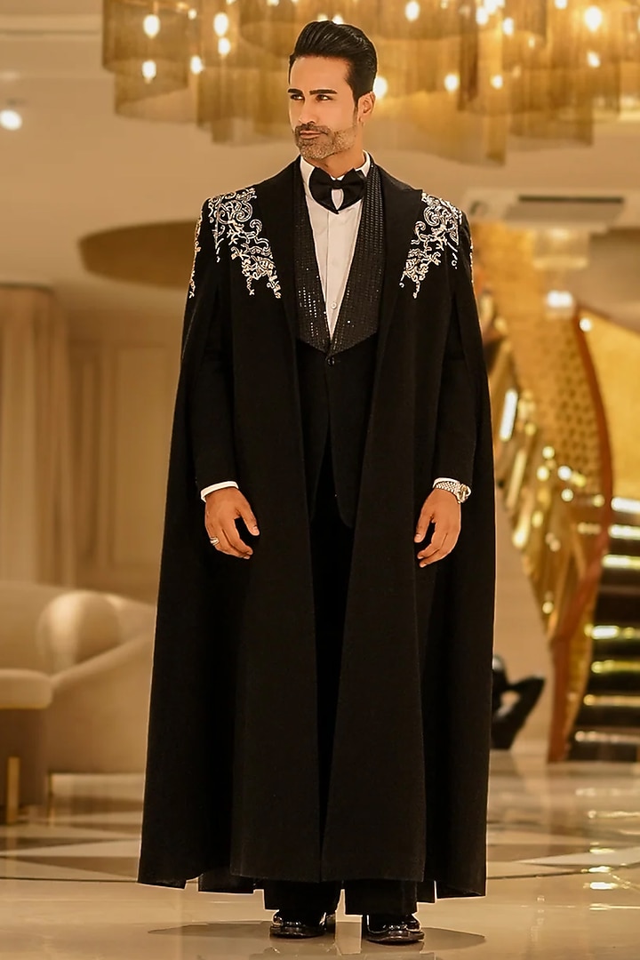 Black Magna Hand Embroidered Long Coat by Bharat Reshma at Pernia's Pop Up Shop