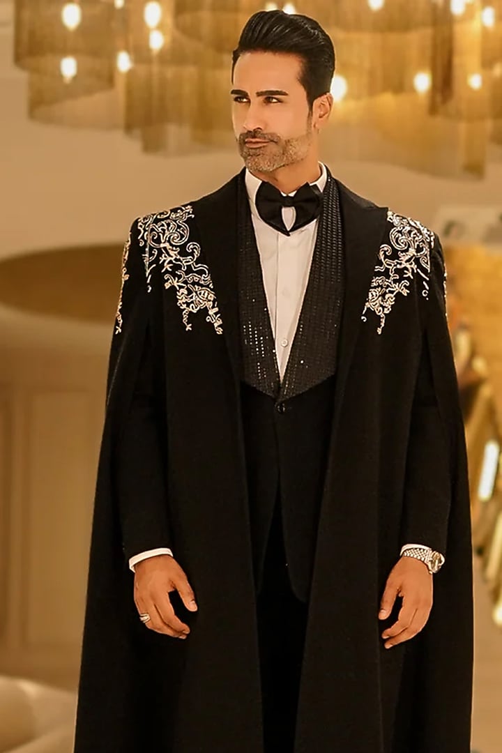 Black Magna Hand Embroidered Long Coat by Bharat Reshma at Pernia's Pop Up Shop