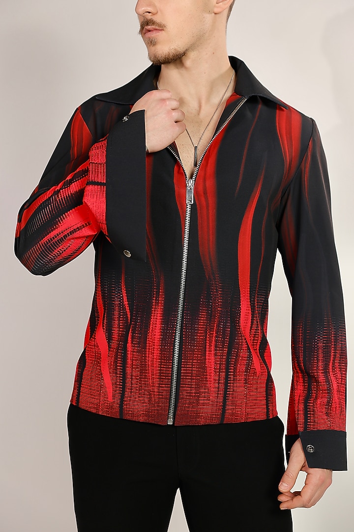 Black Satin Digital Printed Jacket by Bharat Reshma at Pernia's Pop Up Shop