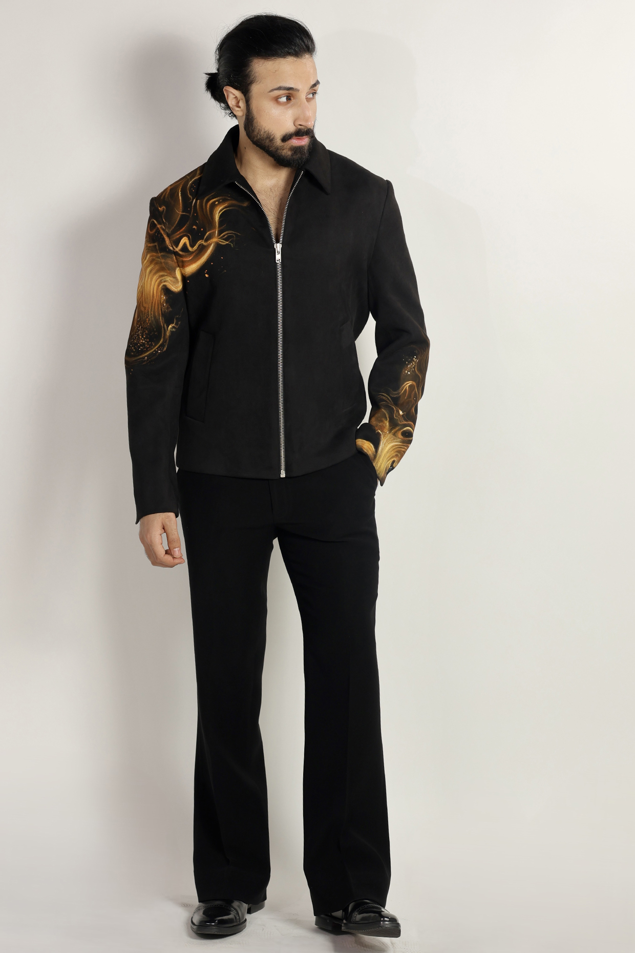 Black Magna Suiting Hand Painted Jacket by Bharat Reshma