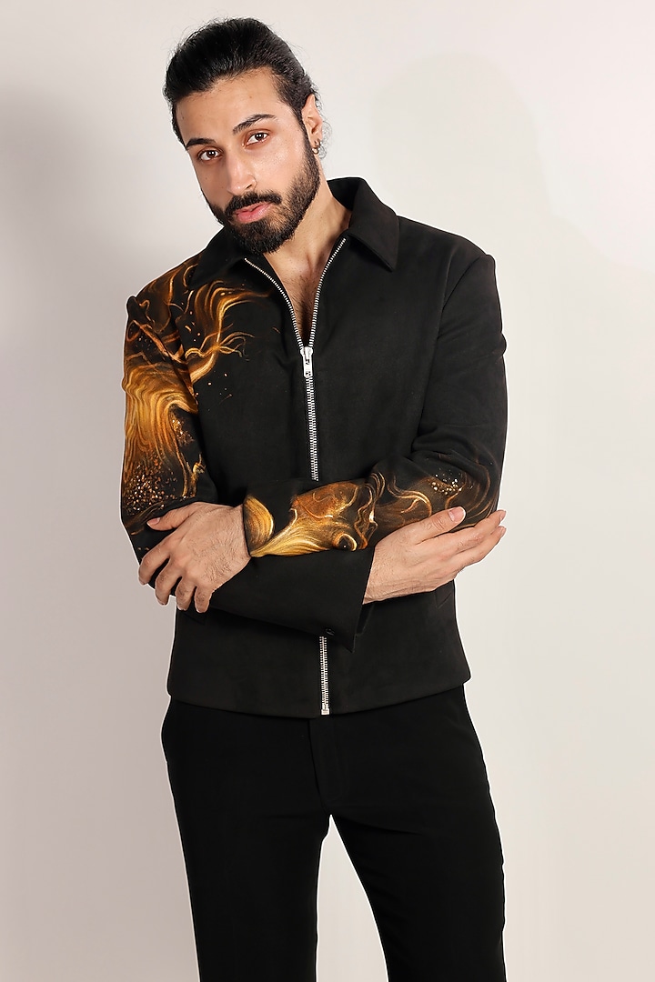 Black Magna Suiting Hand Painted Jacket by Bharat Reshma at Pernia's Pop Up Shop