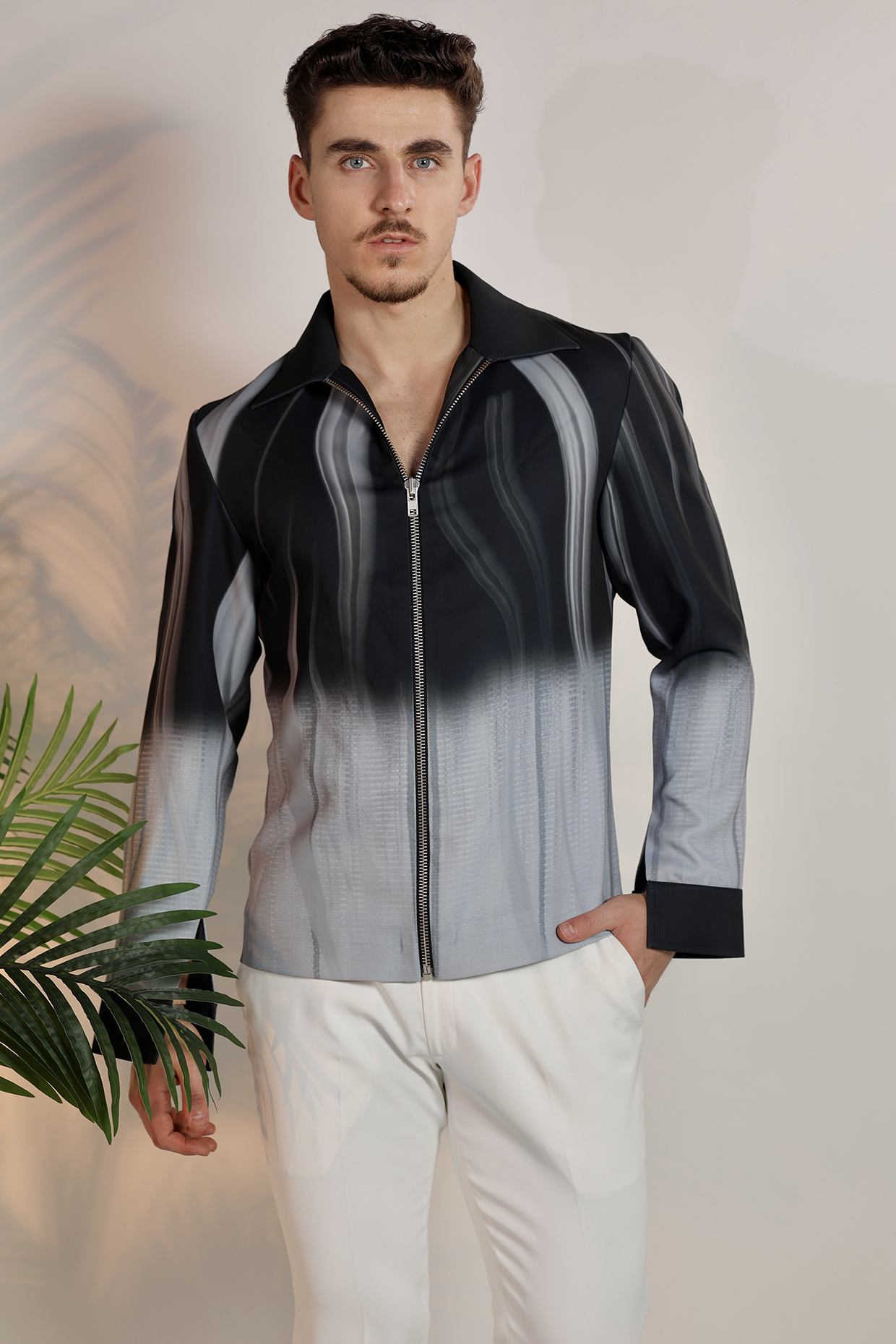 Grey Satin Digital Printed Bomber Jacket by Bharat Reshma