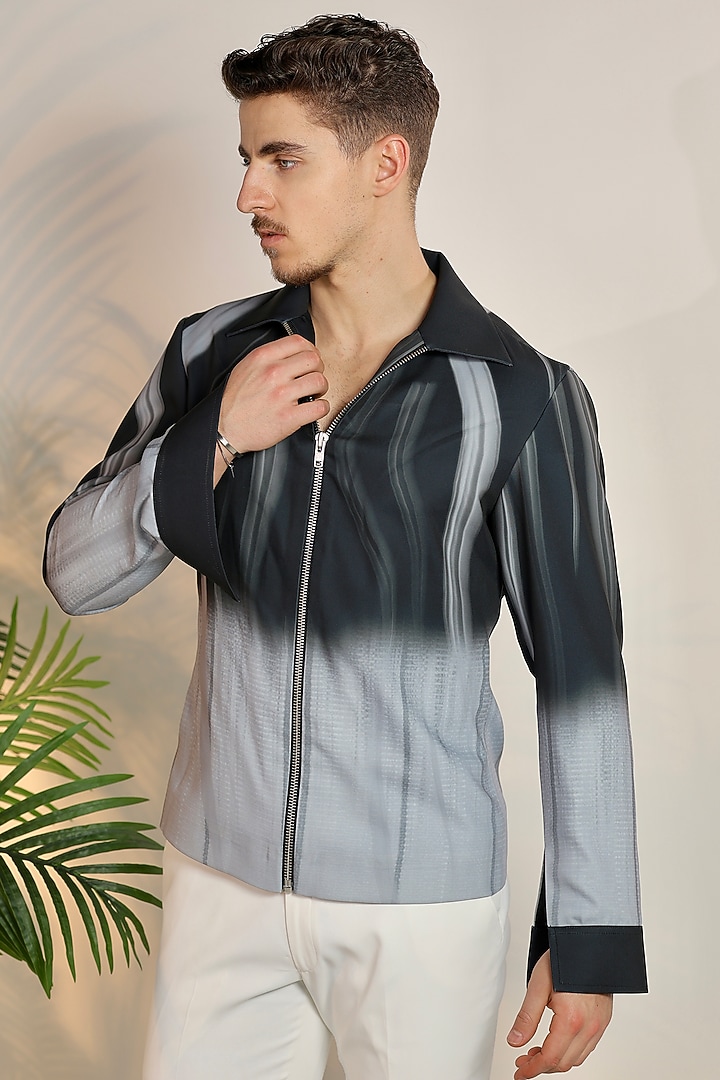 Grey Satin Digital Printed Bomber Jacket by Bharat Reshma at Pernia's Pop Up Shop