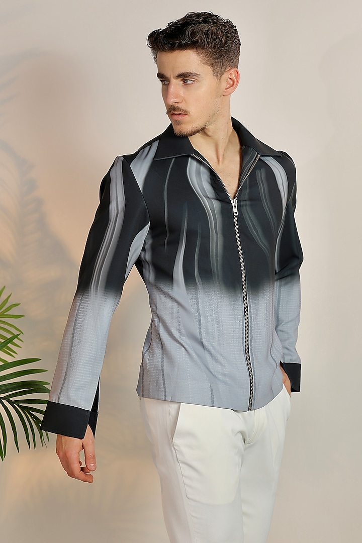 Grey Satin Digital Printed Bomber Jacket by Bharat Reshma at Pernia's Pop Up Shop