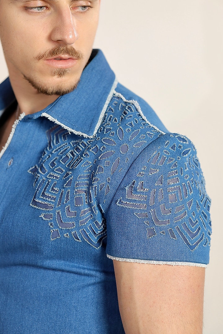 Blue Magna Suiting Thread Embroidered Co-Ord Set by Bharat Reshma at Pernia's Pop Up Shop