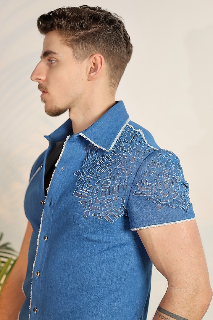 Blue Magna Suiting Thread Embroidered Co-Ord Set by Bharat Reshma at Pernia's Pop Up Shop