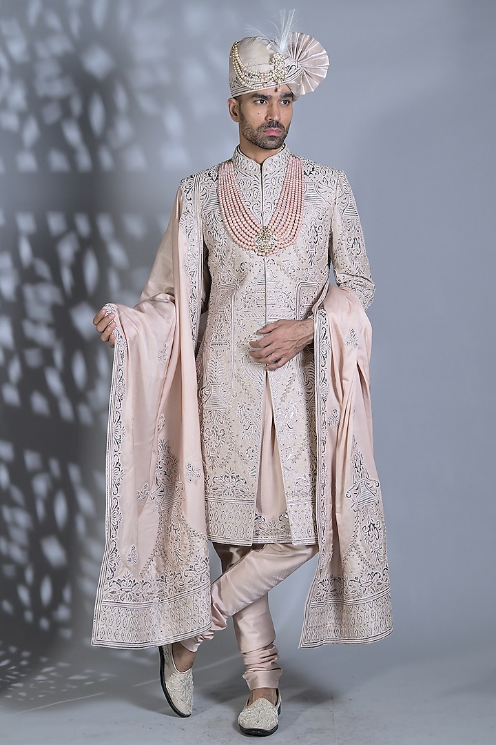 Peach Raw Silk Leather Applique Embroidered Groom Sherwani Set by Bharat Reshma at Pernia's Pop Up Shop