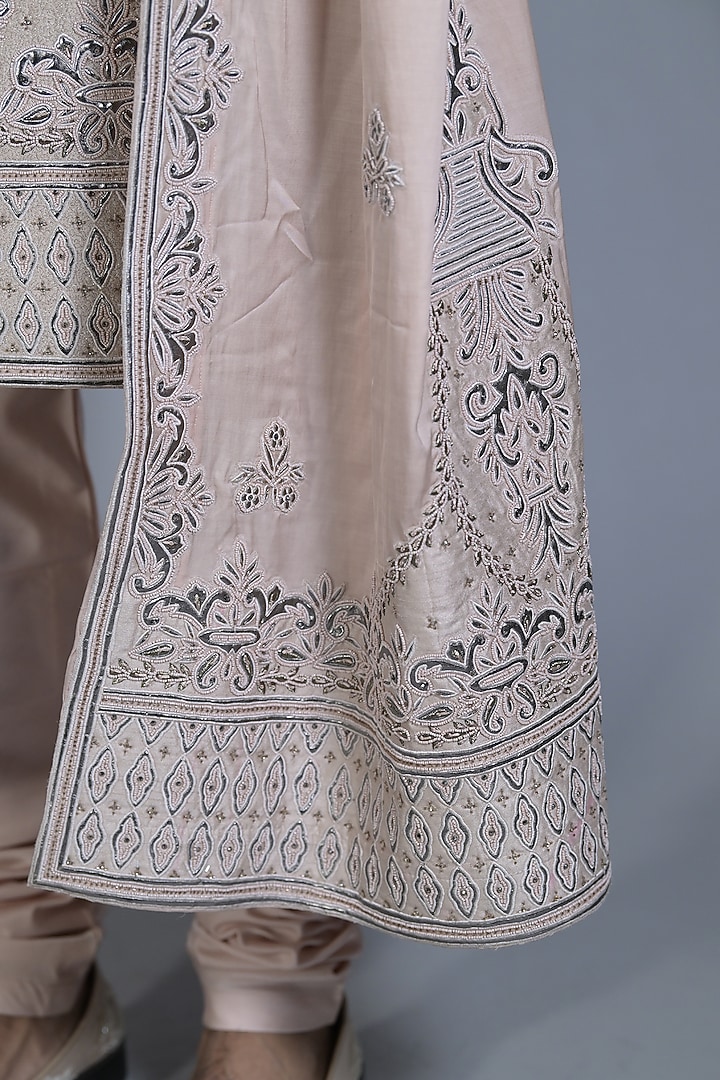 Peach Raw Silk Leather Applique Embroidered Groom Sherwani Set by Bharat Reshma at Pernia's Pop Up Shop