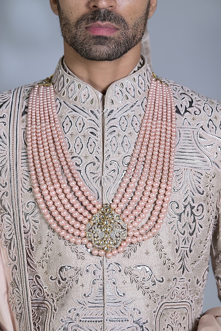 Peach Raw Silk Leather Applique Embroidered Groom Sherwani Set by Bharat Reshma at Pernia's Pop Up Shop