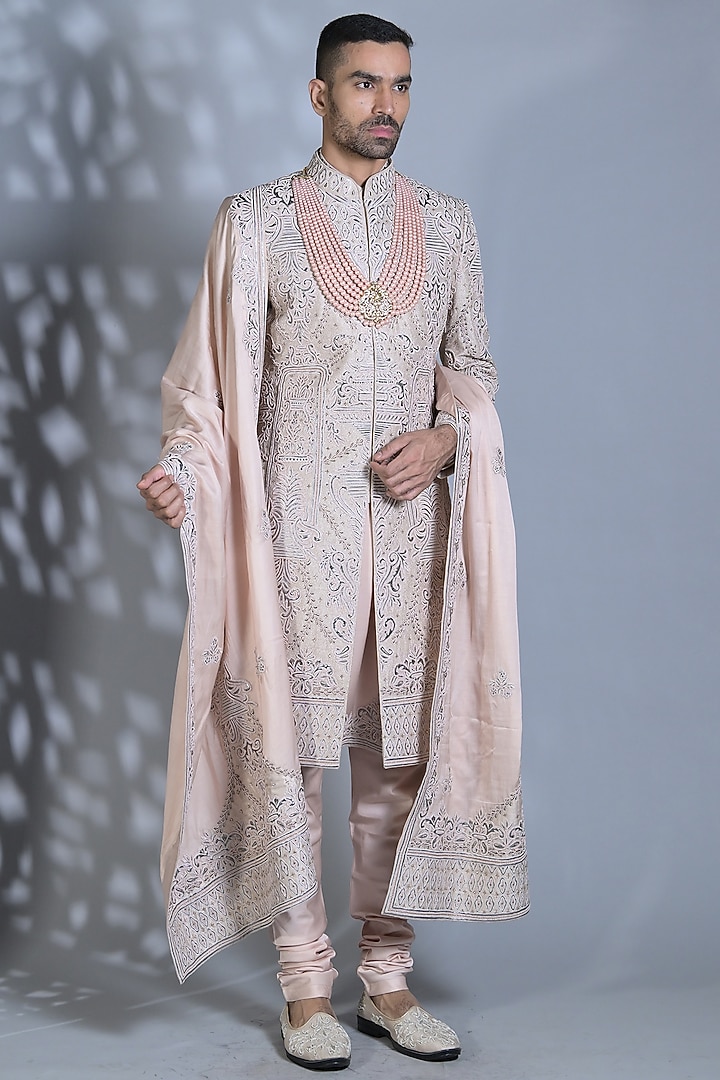 Peach Raw Silk Leather Applique Embroidered Groom Sherwani Set by Bharat Reshma at Pernia's Pop Up Shop