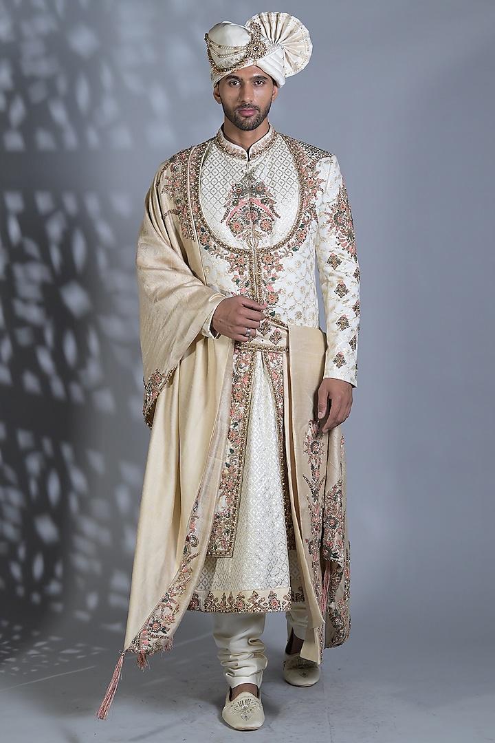 Pearl Ivory Brocade Silk Zari Embroidered Groom Sherwani Set by Bharat Reshma at Pernia's Pop Up Shop