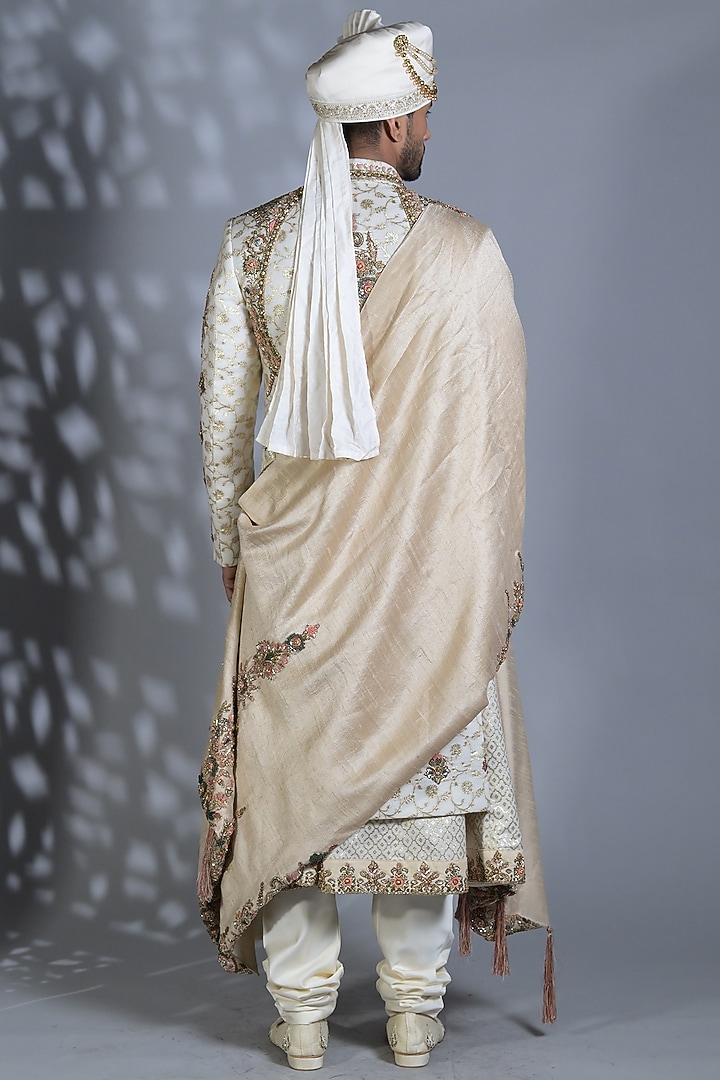 Pearl Ivory Brocade Silk Zari Embroidered Groom Sherwani Set by Bharat Reshma at Pernia's Pop Up Shop