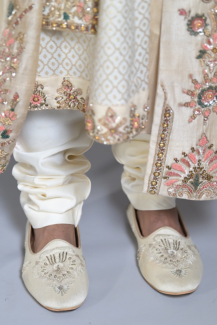 Pearl Ivory Brocade Silk Zari Embroidered Groom Sherwani Set by Bharat Reshma at Pernia's Pop Up Shop
