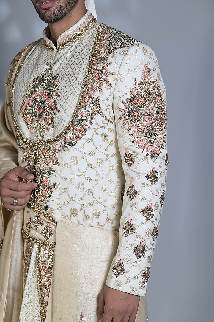 Pearl Ivory Brocade Silk Zari Embroidered Groom Sherwani Set by Bharat Reshma at Pernia's Pop Up Shop