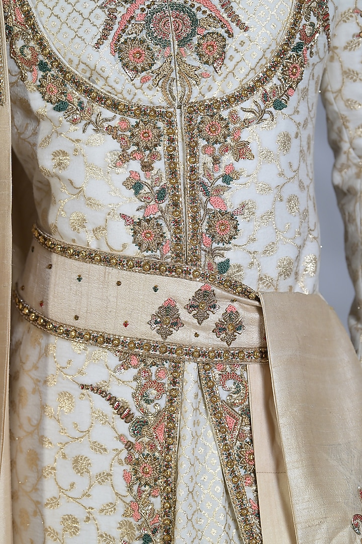 Pearl Ivory Brocade Silk Zari Embroidered Groom Sherwani Set by Bharat Reshma at Pernia's Pop Up Shop