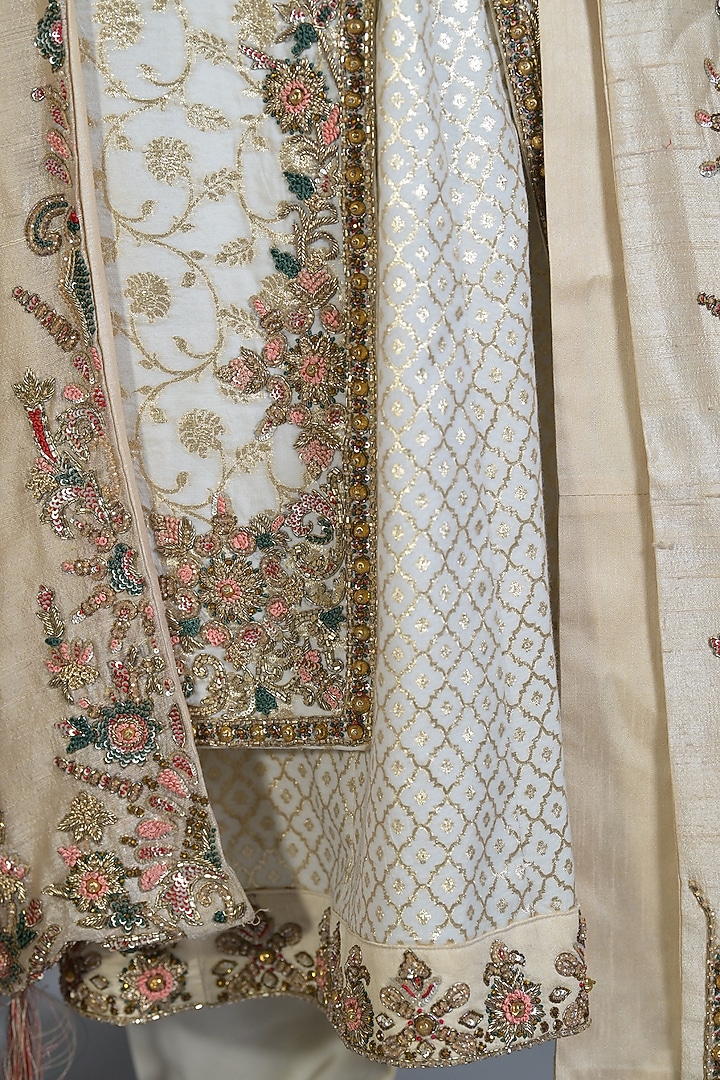 Pearl Ivory Brocade Silk Zari Embroidered Groom Sherwani Set by Bharat Reshma at Pernia's Pop Up Shop
