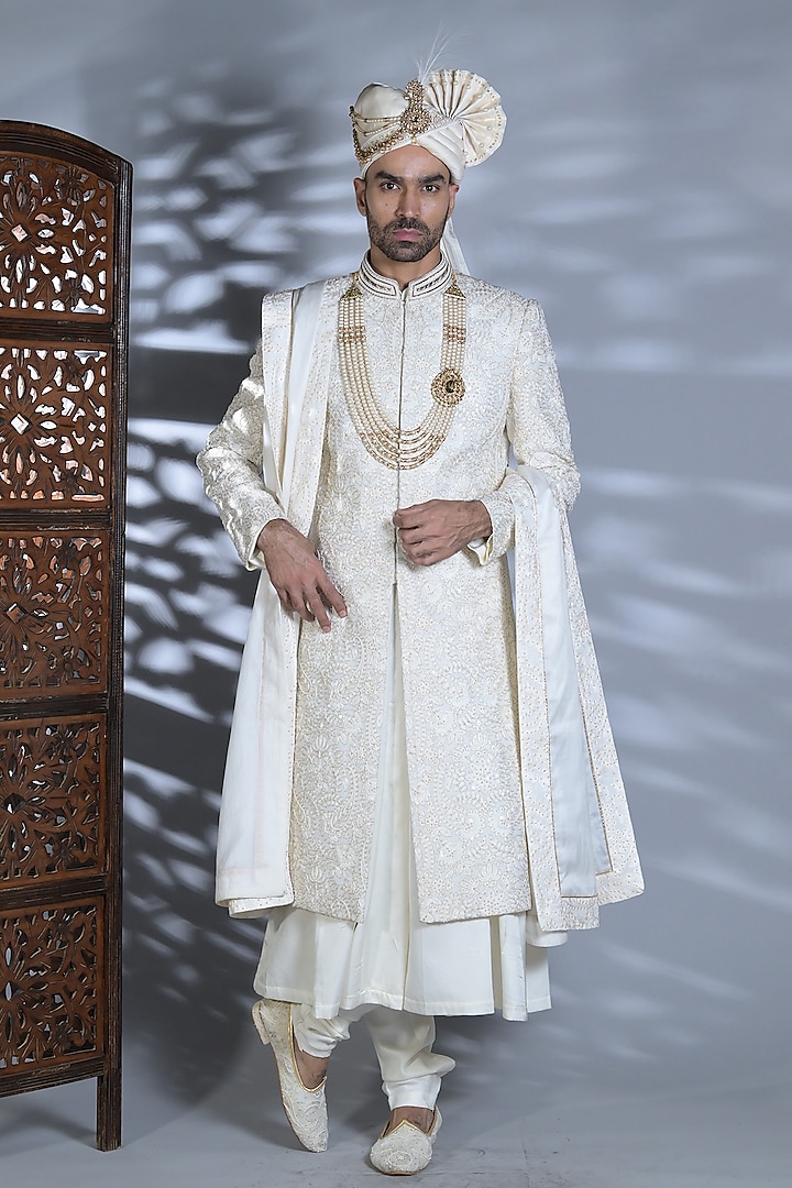 White Matka Silk Thread & Pearl Embroidered Groom Sherwani Set by Bharat Reshma at Pernia's Pop Up Shop