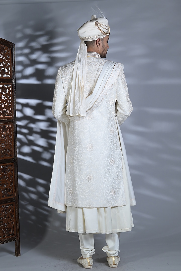 White Matka Silk Thread & Pearl Embroidered Groom Sherwani Set by Bharat Reshma at Pernia's Pop Up Shop