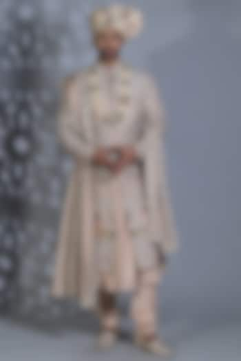 Beige Raw Silk Thread & Mirror Embroidered Groom Sherwani Set by Bharat Reshma at Pernia's Pop Up Shop