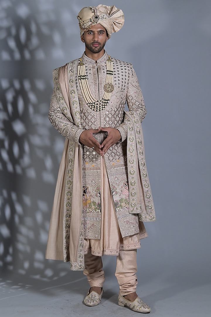 Beige Raw Silk Thread & Mirror Embroidered Groom Sherwani Set by Bharat Reshma at Pernia's Pop Up Shop