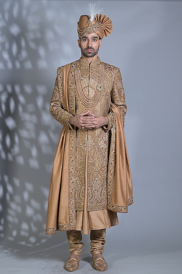 Dark Beige Pure Silk Cutdana & Dabka Embroidered Groom Sherwani Set by Bharat Reshma at Pernia's Pop Up Shop